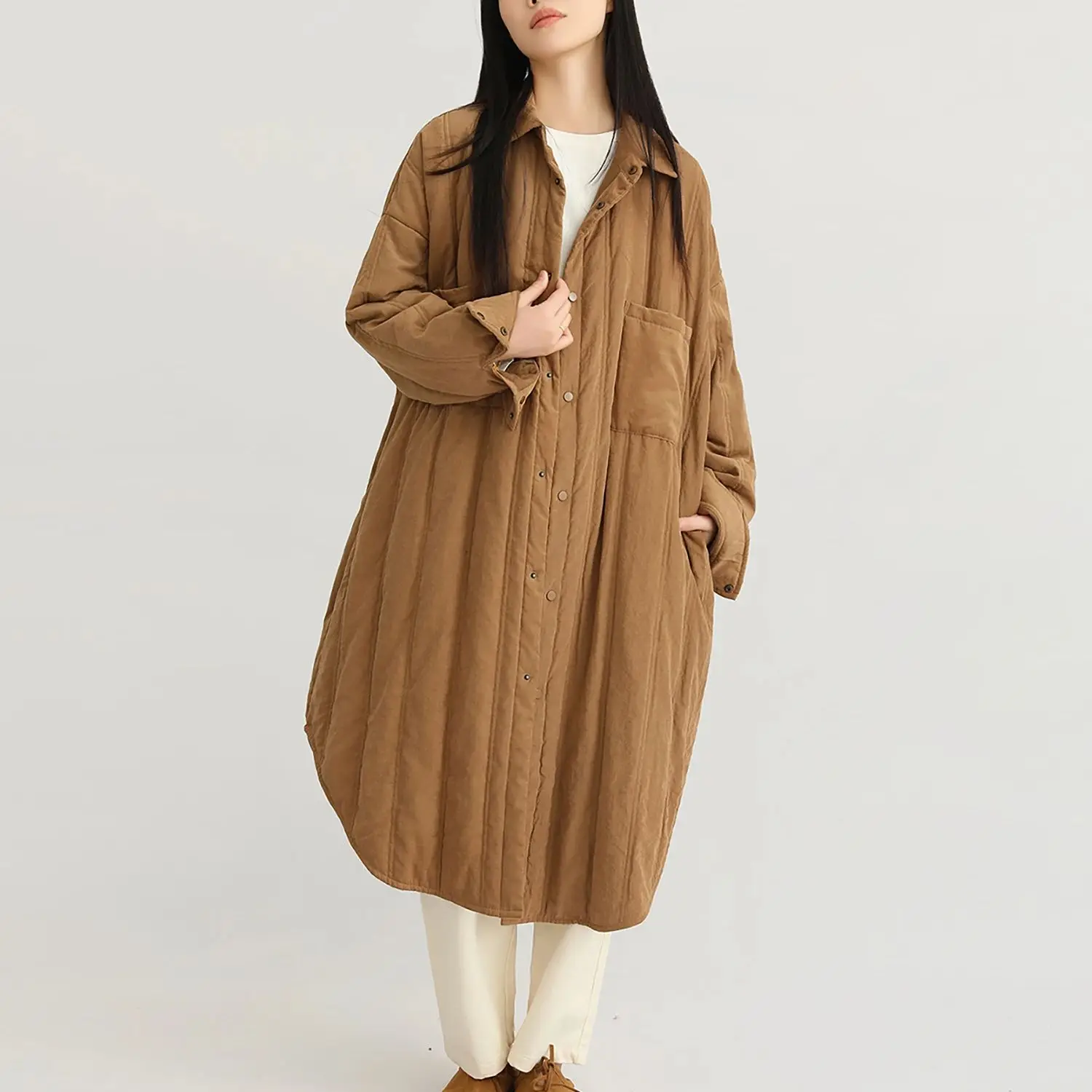 LZJN المرأة الشتاء الرجعية مستوحاة النمط الأدبي قميص طوق معطف مبطن فضفاض منتصف طول تصميم مع جيوب كبيرة عصرية #5