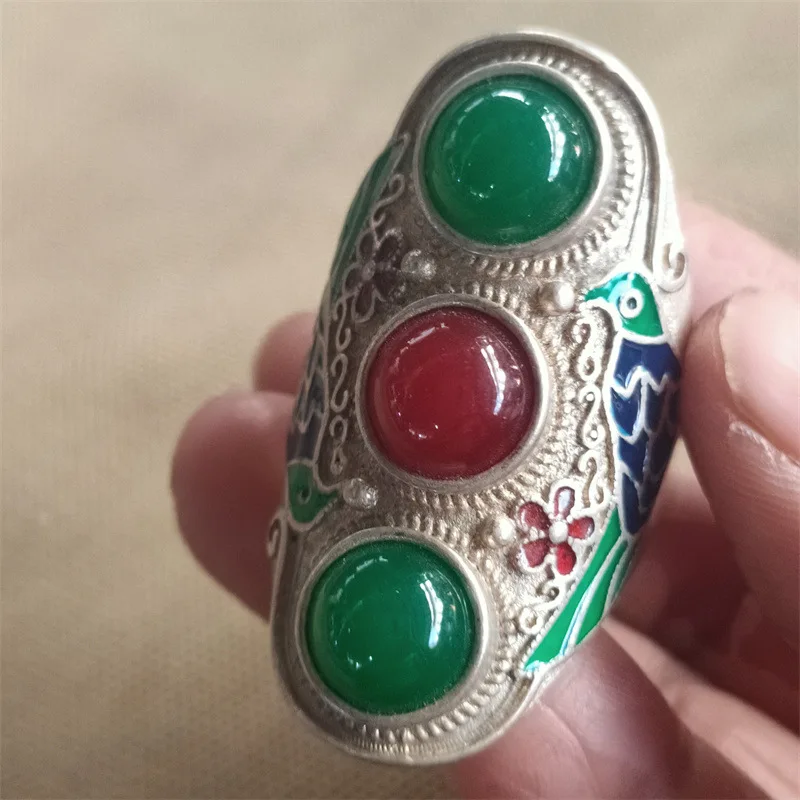 Antique Miscellaneous Vintage Crafts Gem Inlaid Green Cloisonne Ring Tibetan Silver Miao Silver Open Ring