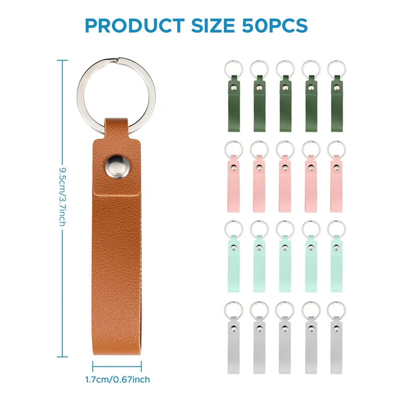 ABUP-50Pcs PU Leather Key Fob Kit, Keychain Blanks With Rives And Key Rings, Rectangle Leather Key Chain Bulk For DIY Craft