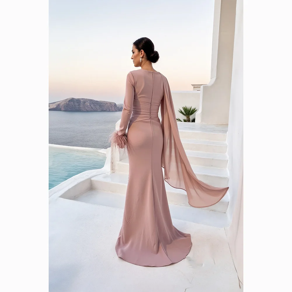 فستان سهرة أنيق على شكل حرف v ريشة وأكمام طويلة فساتين سهرة حورية البحر طول الأرض فساتين رسمية مخصصة 2025 #2