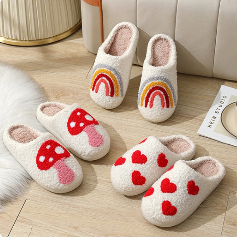 Christmas Elk Cotton Slippers for Women Winter Cute Rainbow Strawberry Shoe Home Non Slip Couple Floor Slides Indoor Plush Shoes