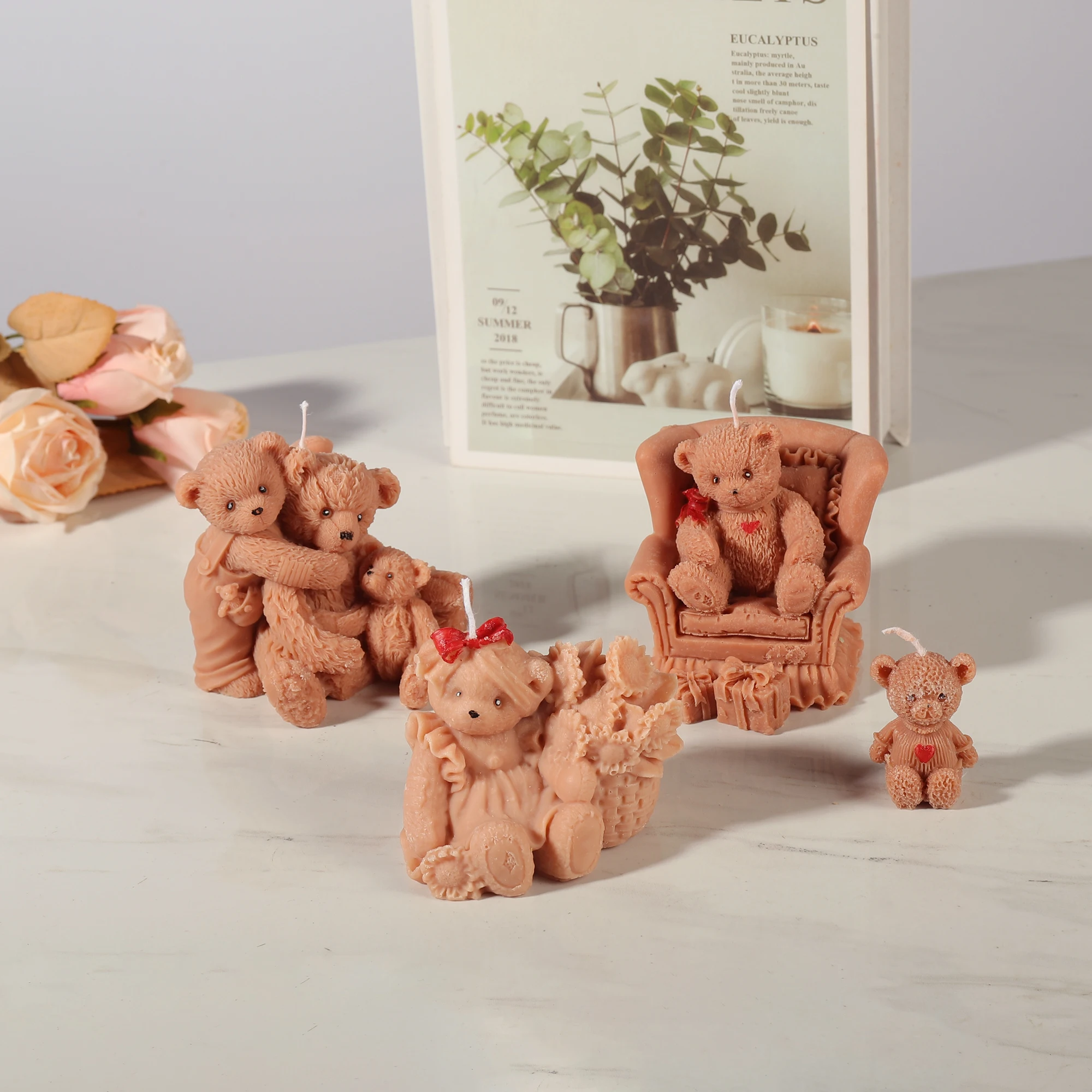 Bear Silicone Candle Molds Wearing Sweater & Hug & Sitting on the Couch & Holding Flower Basket Shaped Bear Soap Resin Clay Mold