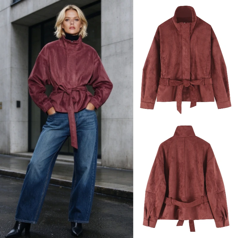 Women's Jacket 2026 Fall/Winter Suede-Like Casual High Neck Lace-Up with Hidden Zipper Elegant Streetwear Women's Coat
