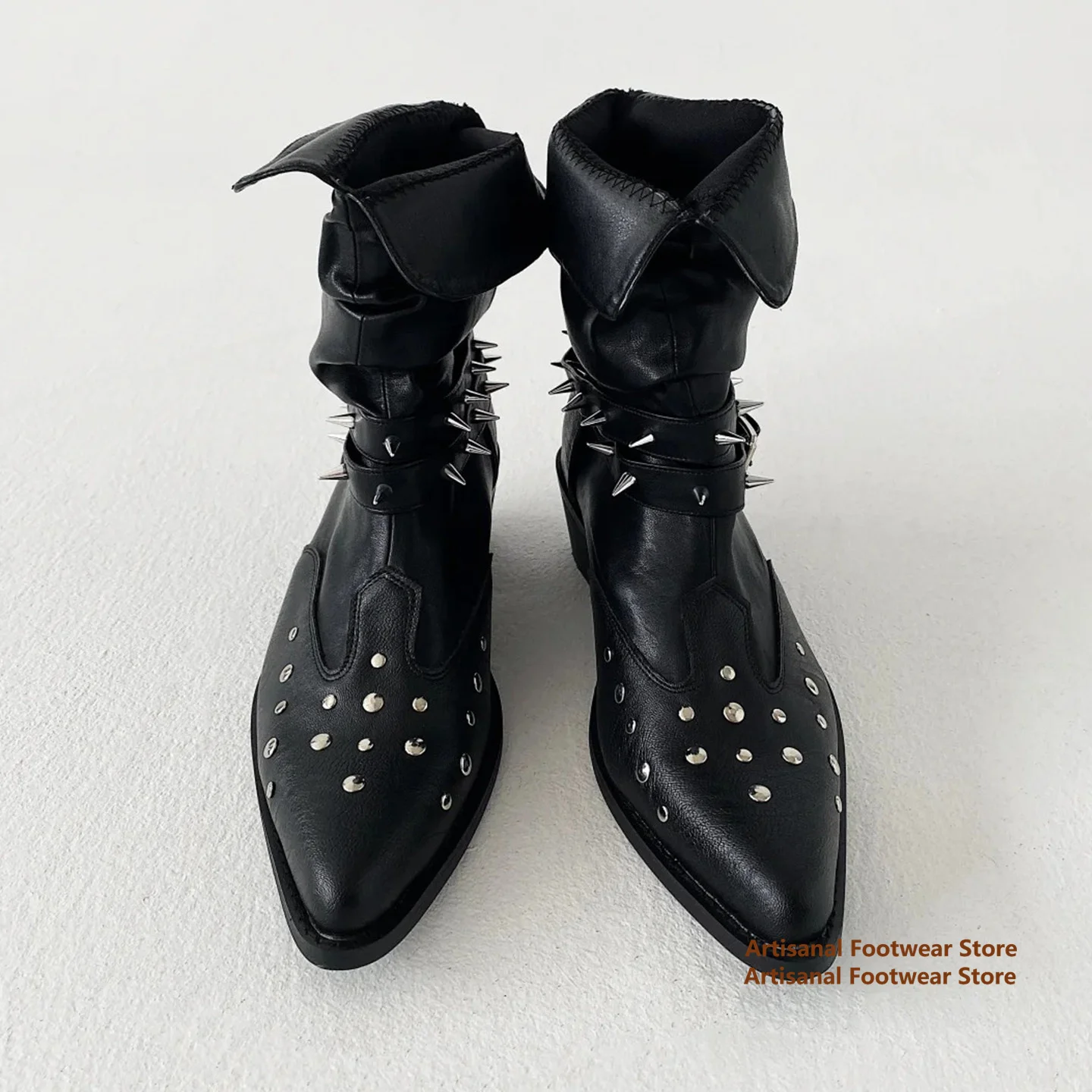 Spiked Studded Multi Strap Buckle Men's Boots Pointed Toe Slouchy Western Cowboy Boots Block Heel Punk Leather Mid Calf Boots