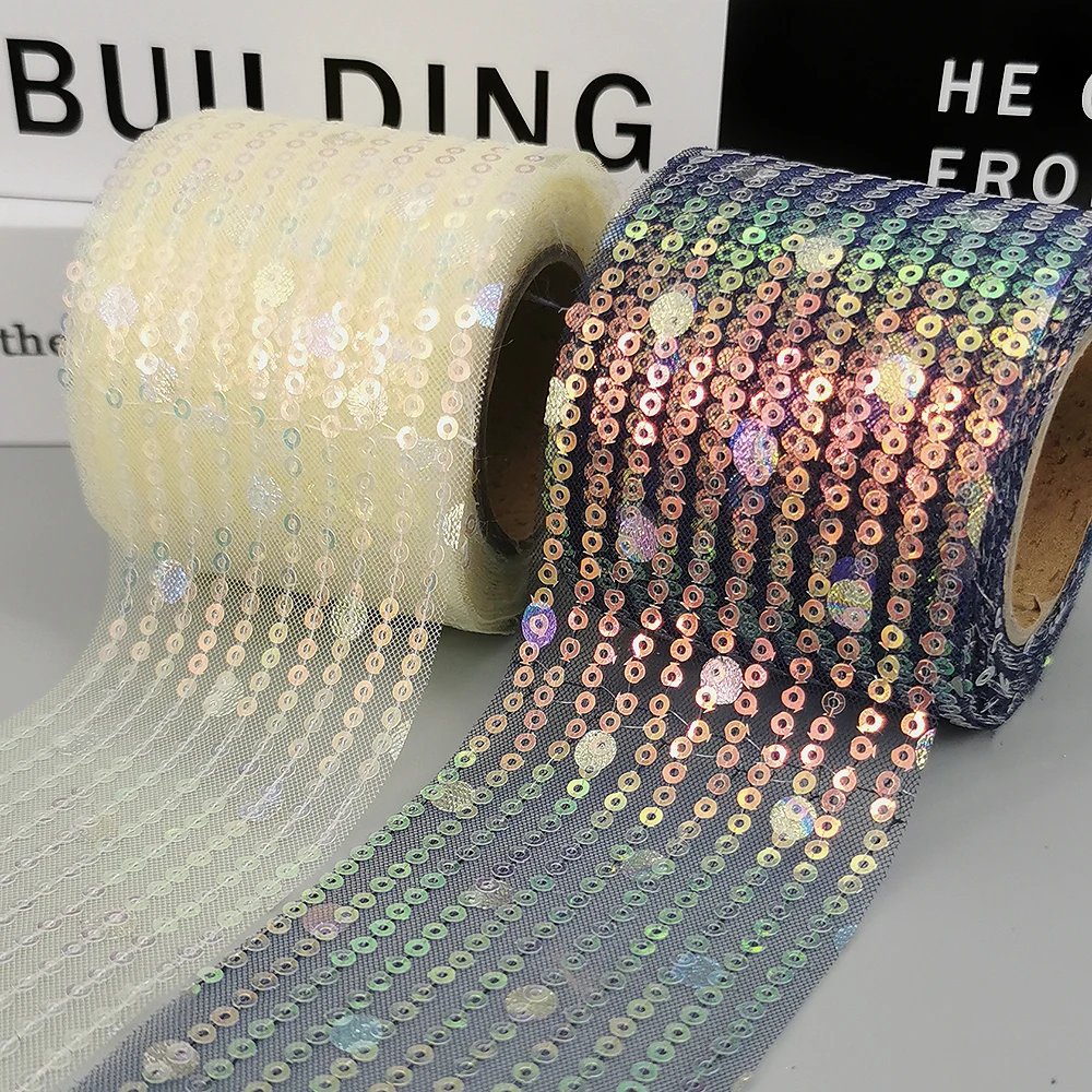 6cm 10yards Sequin Tulle Ribbon With Stirpes Circle Dot Paillette Embroidered Fabric Film DIY Hair Bows Dance Costum Dress Trim