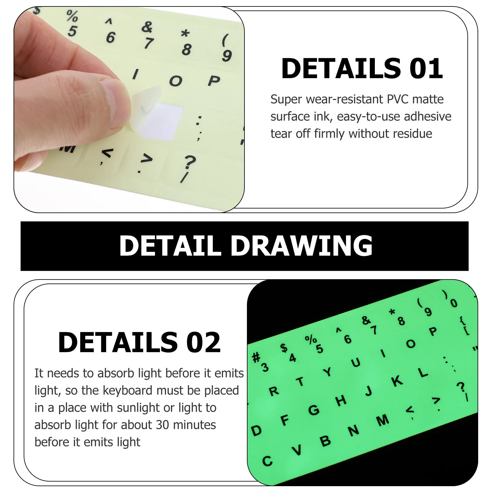 1Sheet Luminous Keyboard Stickers English Keys 1.3x1.1cm Strong Adhesion No Residue Super Wear Resistant for Home Office School