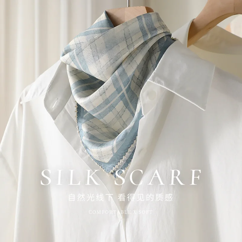 Silk Square Scarf Morandi Plaid Breathable Comfortable Versatile Neck Wrap for Women Spring Autumn Daily Office Commute Gift