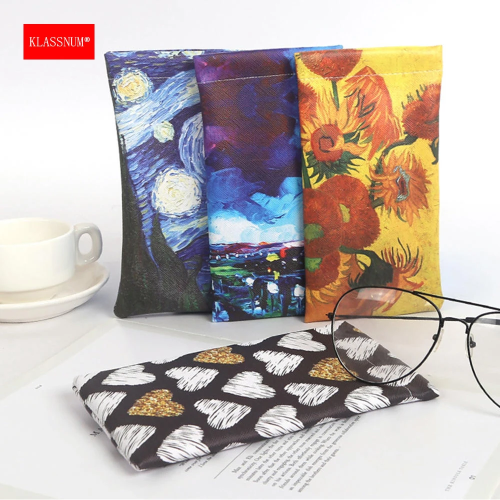 KLASSNUM Oil Painting Style Glasses Bag Women Men Sunglasses PU Leather Case Cover Portable Storege Case Eyewear Protector Pouch