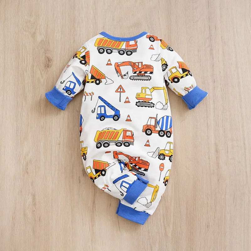 0-36M Fashionable Spring and Autumn Newborn Long sleeved jumpsuit full print engineering car cotton baby boys and girls