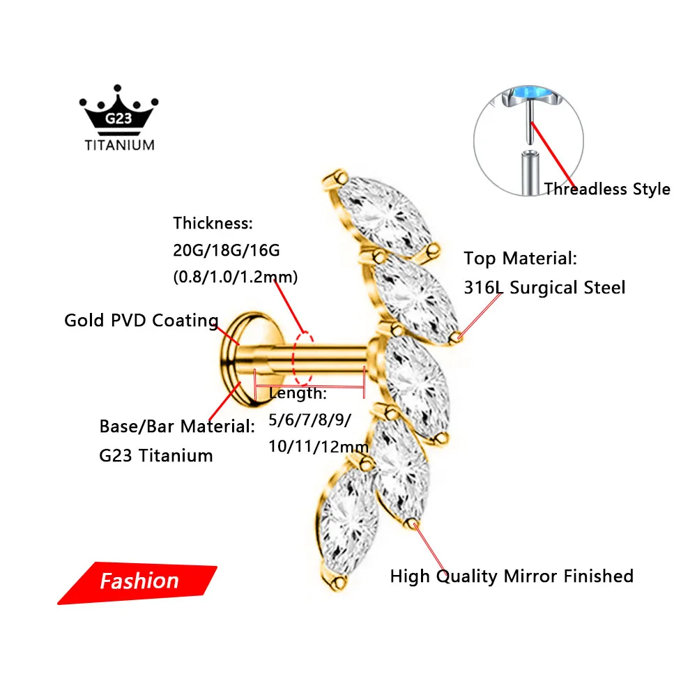 ASTM F136 G23 Titanium Flower Petals Threadless Labret Piercing CZ Pin Push in Lip Stud Conch Daith Earring 16G 18G 20G