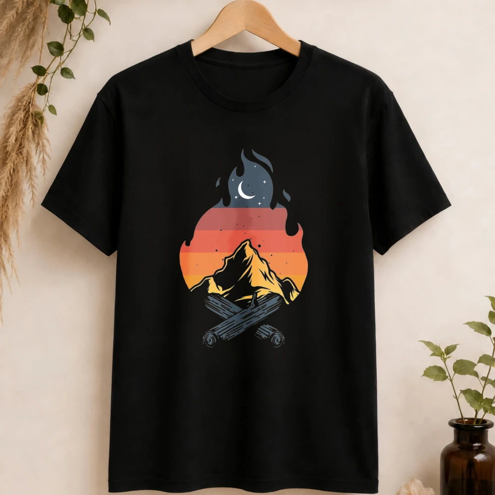 Campfire Mountain Moon Retro Vintage Camping T Shirt Unisex Outdoor Camper Tee Cotton Short Sleeve Night Wilderness Hobby Tops