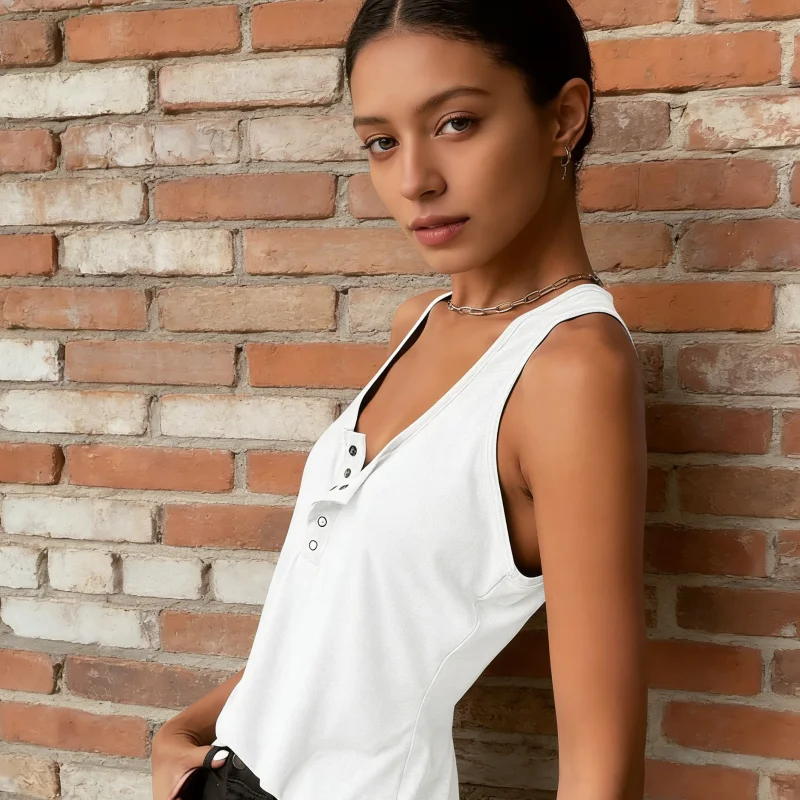 2026 European American Women’s Solid Color Sexy Ribbed Button Down Vest Top Versatile Daily Inner Outer Wear T Shirt
