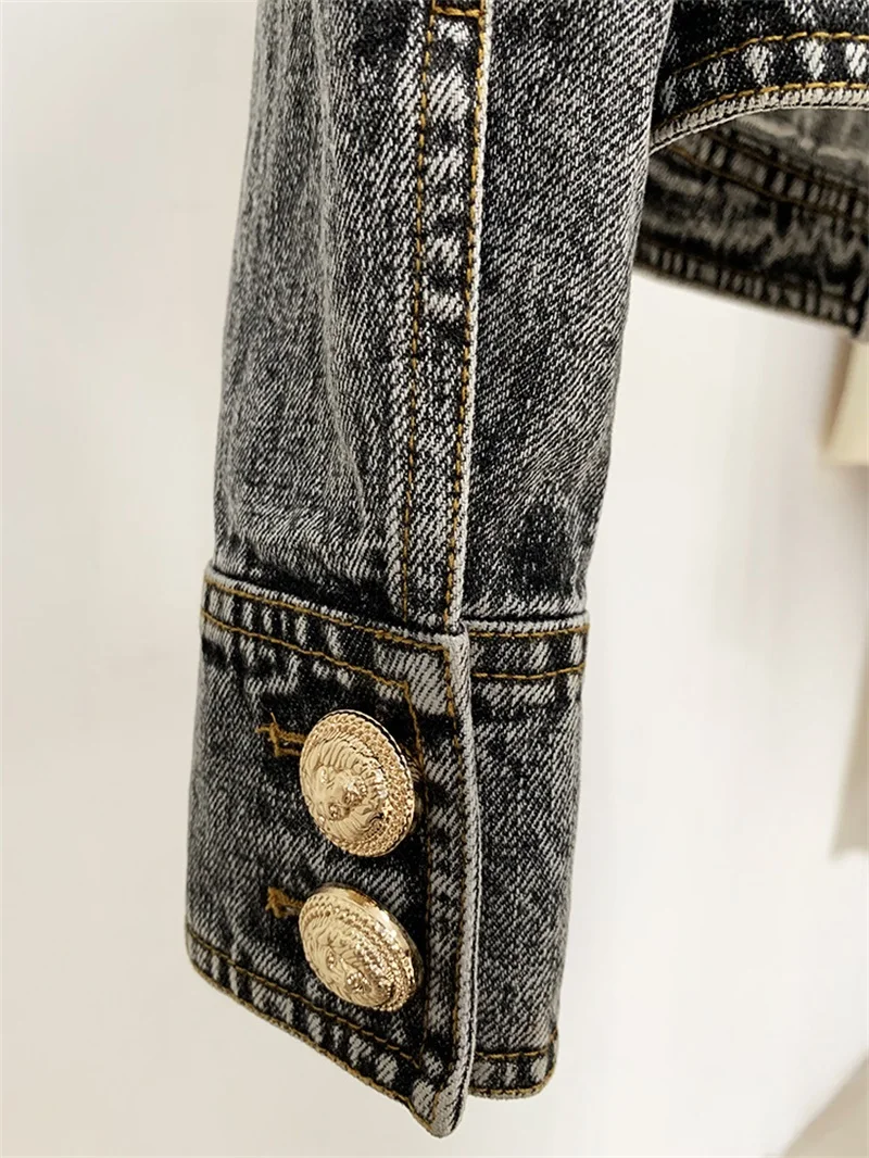 Giacca di jeans da donna In cotone con risvolto due tasche con colletto grande top a maniche lunghe cappotto nero con fibbia a leone a fila singola nuovo arrivo In magazzino