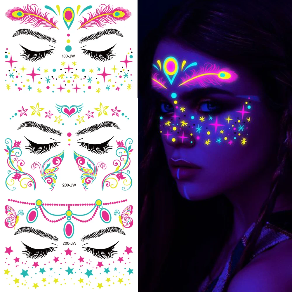 1Sheet Fluorescent Face Stickers Glow In The Dark UV Neon Temporary Tattoos Waterproof Glow Fake Tattoo For Party Music Festival