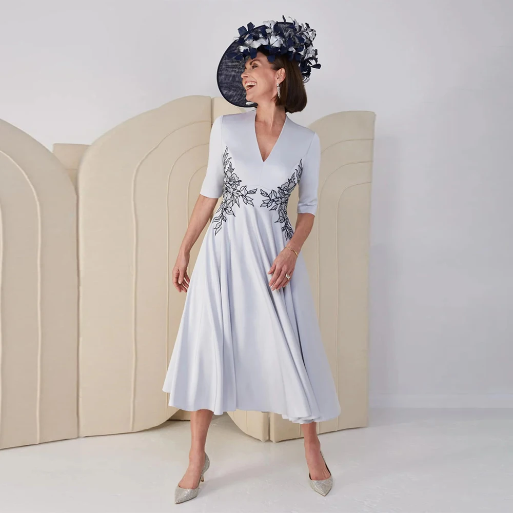 V Neck Mother of the Bride Dresses for Wedding Appliques Midi Evening Dress for Women Elegant A Line Night Cocktail Gowns