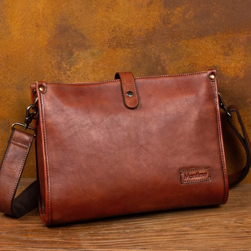 Business commuting horizontal men's bag, top-layer vegetable-tanned cowhide single-shoulder bag, student casual genuine leather