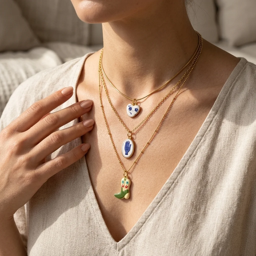 3 Stück modische, schlichte Anhänger in Gelb mit Hund, Tomate und blauer Blume zum Selbermachen für Schmuck. – Detail 1