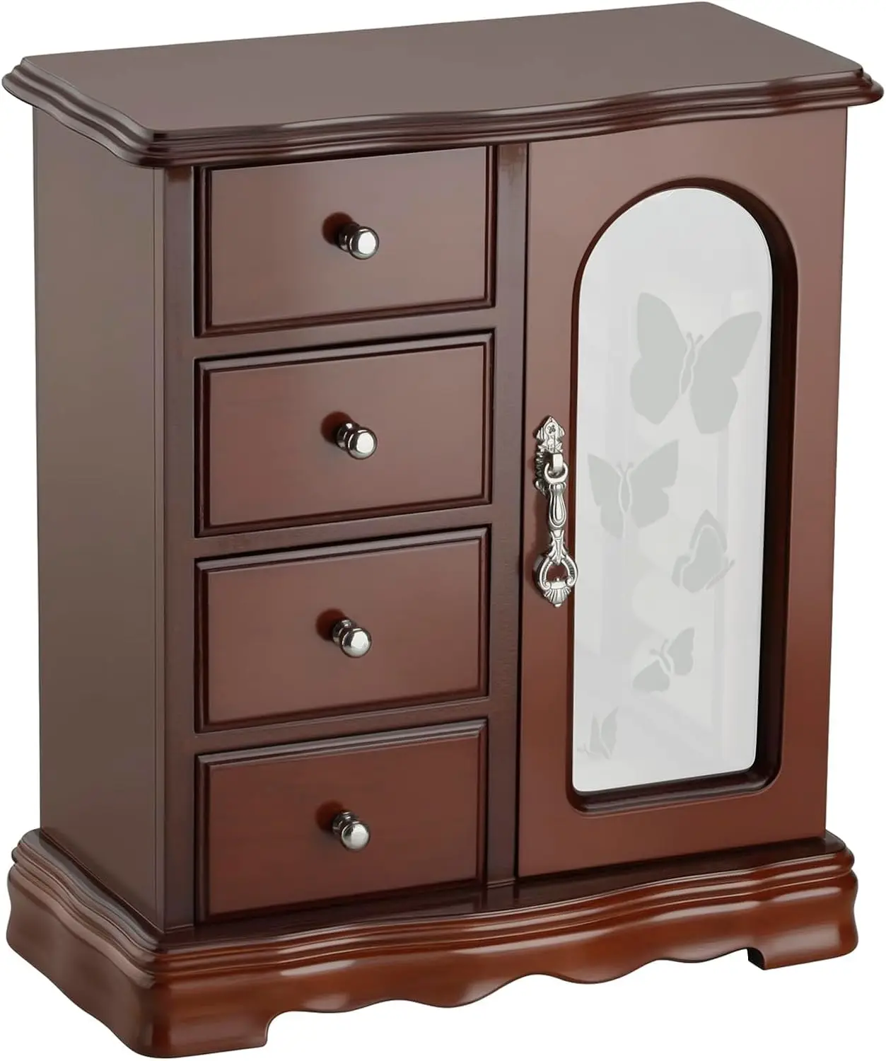 Solid Wood Jewelry Box - Large Organizer with 4 Drawers, Built-in Necklace Carousel & Large Mirror, Brown
