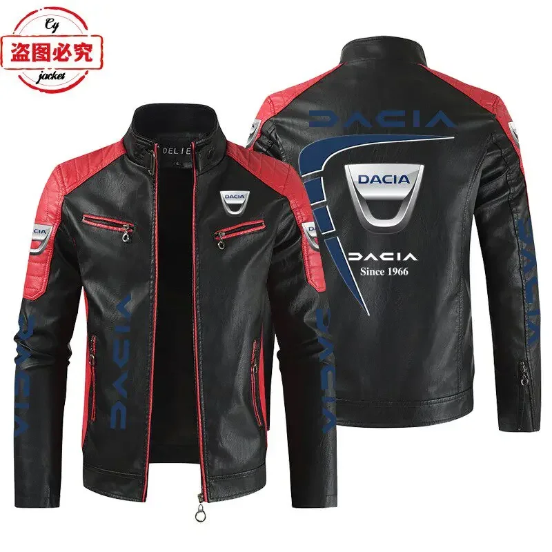 Dacia Car Logo Printed Racing Suit PU Leather Jacket Stand Collar Windproof Men's Jacket Dacia Team Jacket Work Suit Zipper