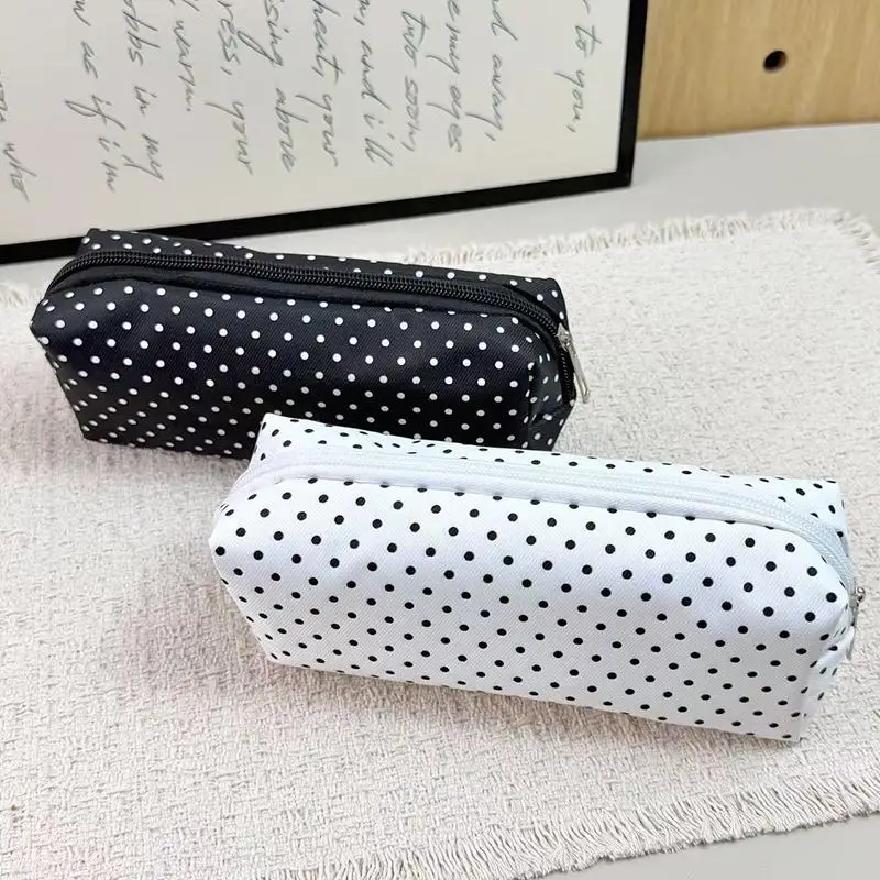 Polka Dot Large Capacity Pencil Case Durable Canvas Zipper Pen Pouch Multi-use Stationery Cosmetic Organizer for Students