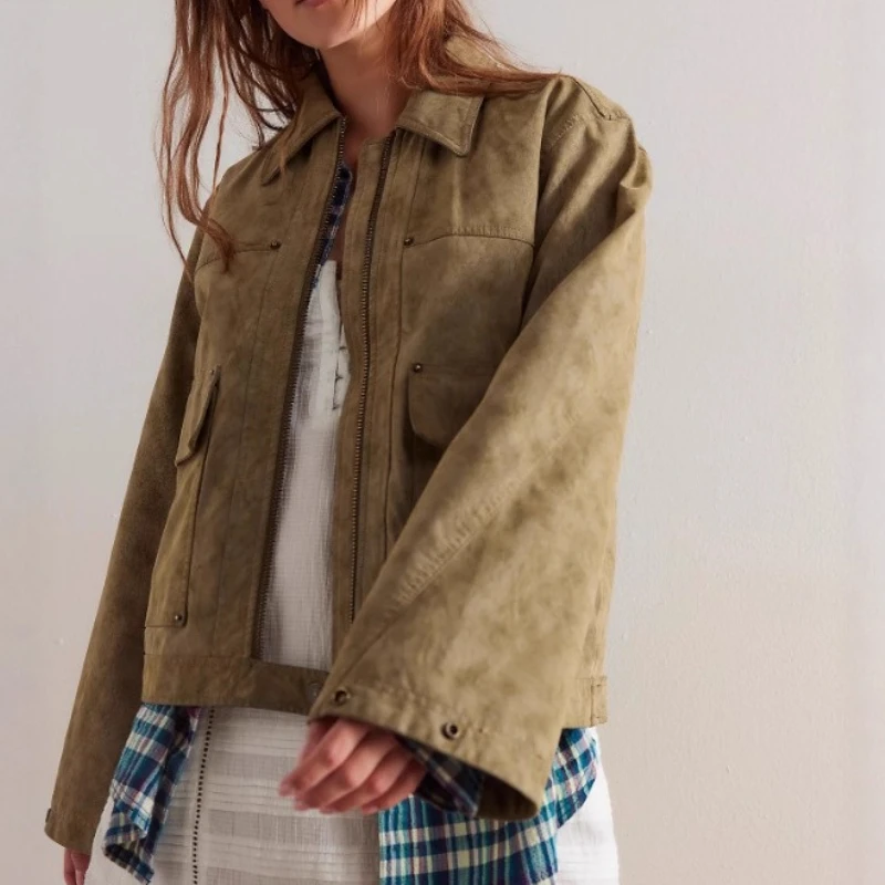 

American Retro Long-sleeved Coat Female Personality Lapel Zipper Cardigan Short in Spring and Autumn of 2025