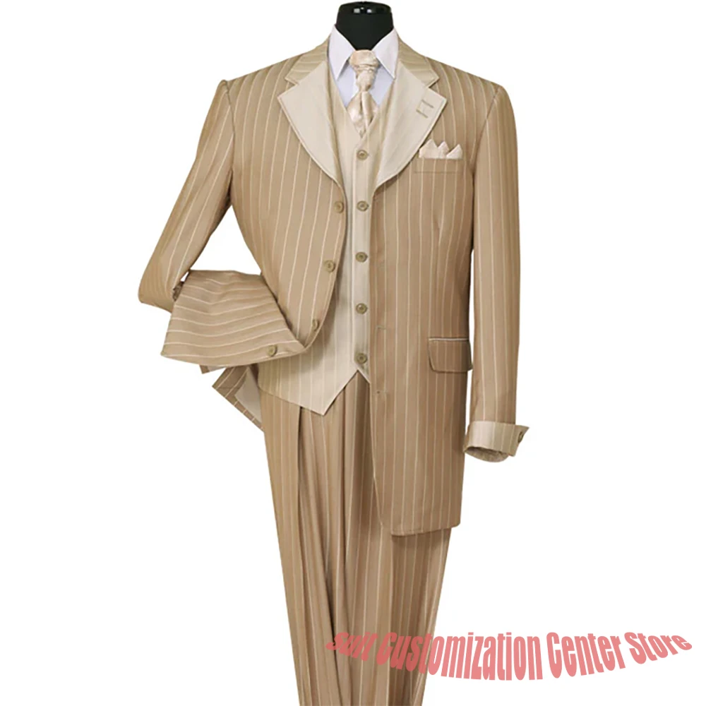 Formal Men's Suits Pinstripe Three Piece Set Single Breasted Notch Lapel Blazer+Vest+Pants Gentle Wedding Business Party Outfit