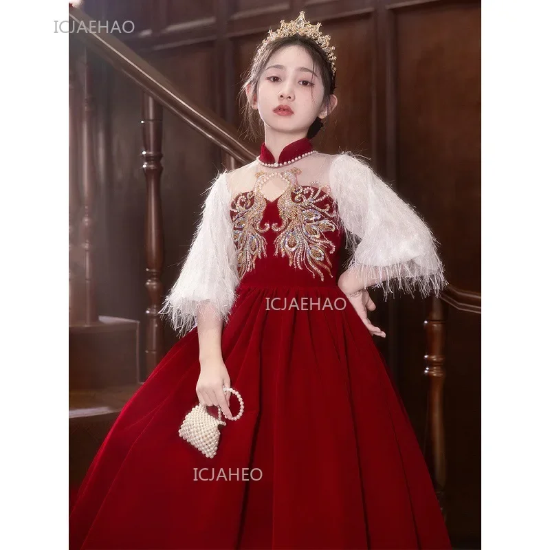 Christmas Girl Velvet Evening Dress Elves Flower Princess Gown Party Pageant Formal New Year Girl Wedding Birthday Piano Recital