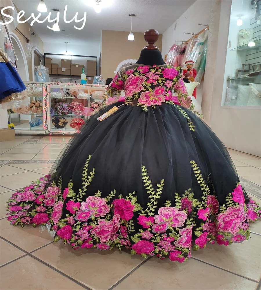 

Princess Black Flower Girls Dress 2025 Mexican Charro Mariachi Toddler Escaramuza Kid Pageant Dress Flowers Birthday Customized