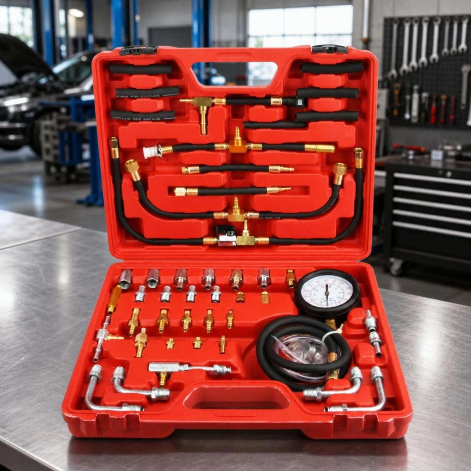 Fuel Pressure Test Kit Universal Fuel Pressure Tester Kit Diagnostic Tool Accurate Heavy Duty for Mechanics, Car Repair, Garage