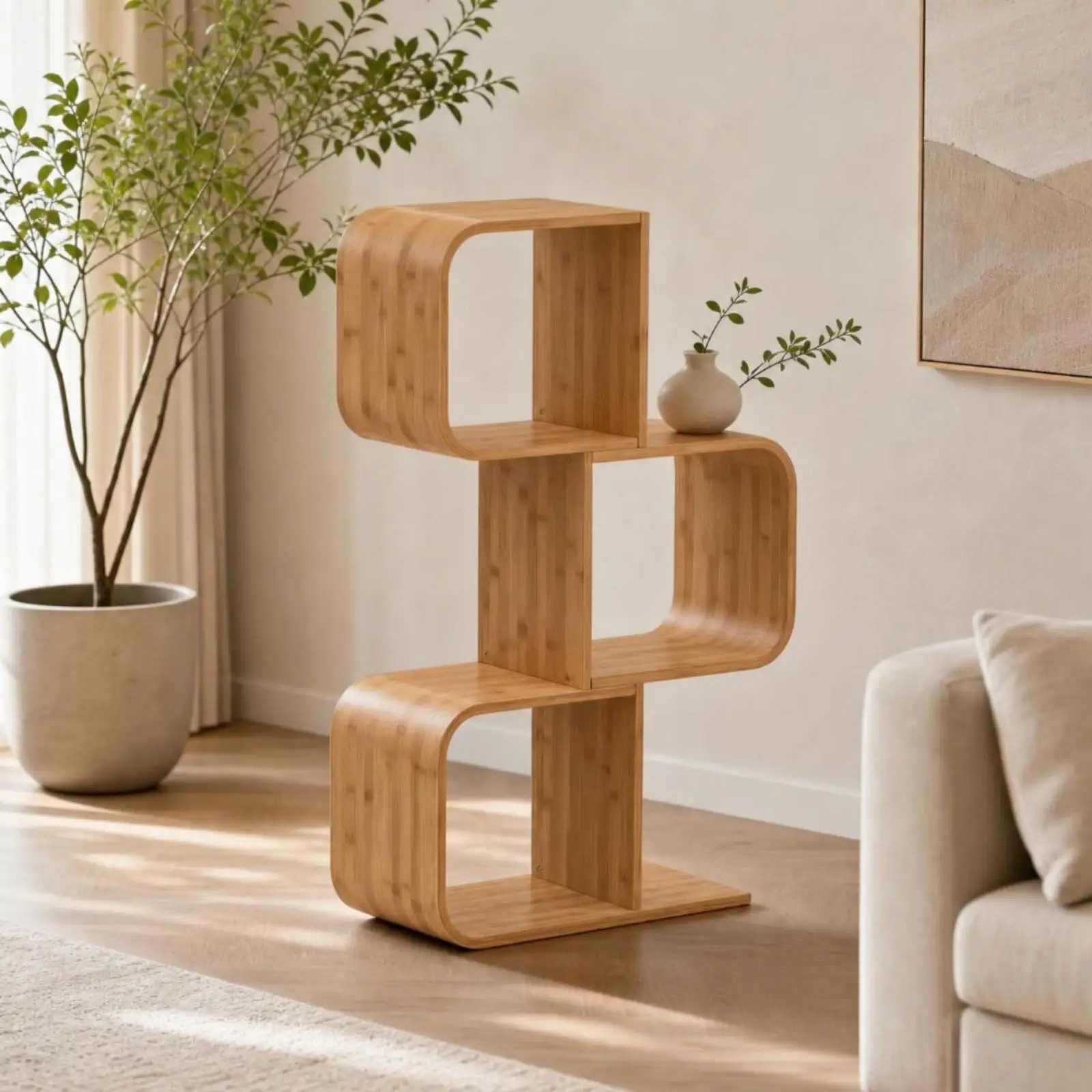 Curved Bookshelf Bamboo Wood S Style Open Cubby Book Organizer Shelf Space Saving Bookcase for Home