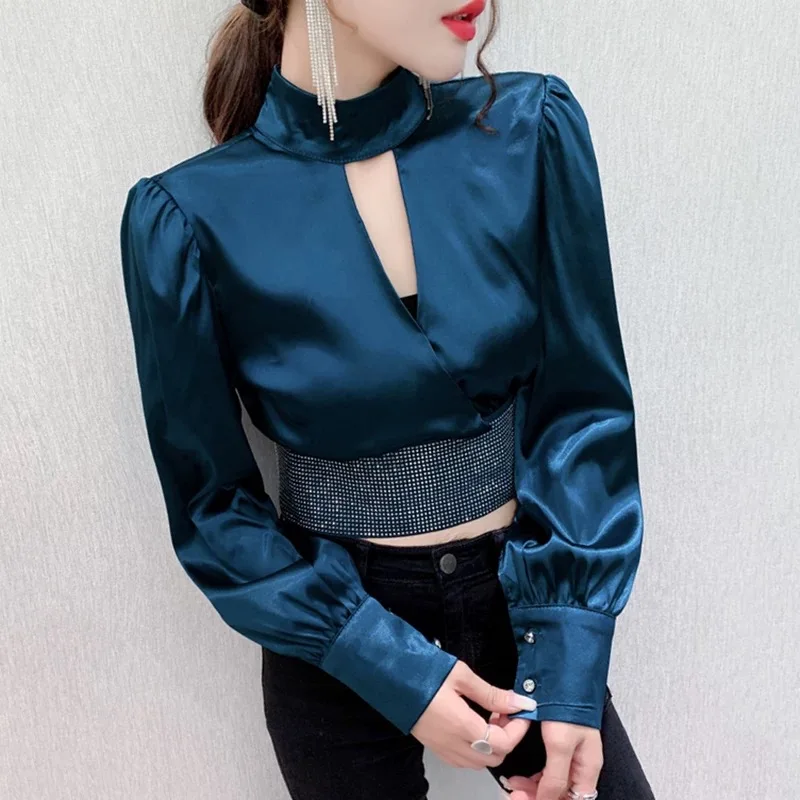 Chest Hollow Cutout Tops Women Korean Trendy Long Puff Sleeve Shirts Stand Neck Shirts Satin Silky Rainstone Luxury Tops Female