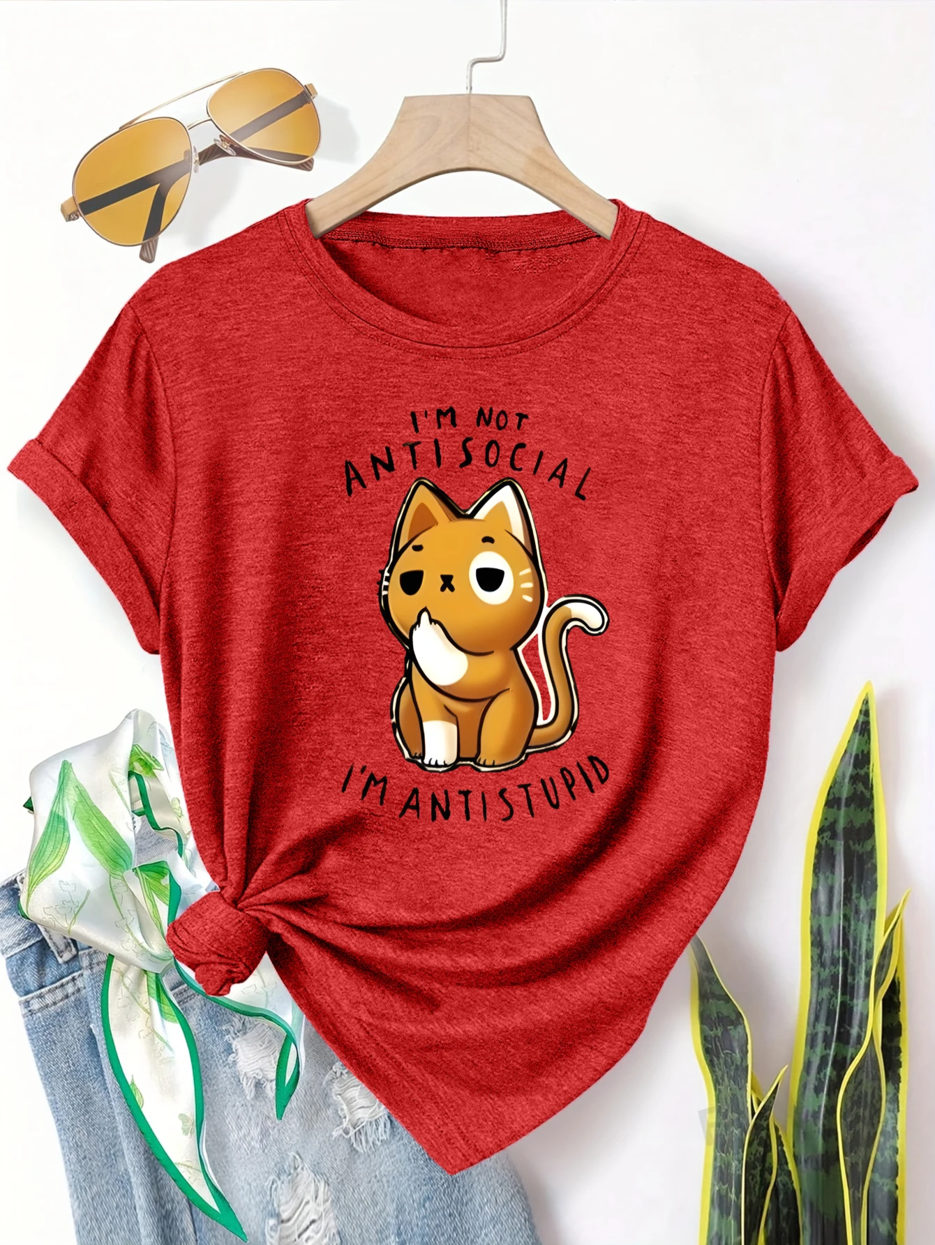 

Женская футболка больших размеров с коротким рукавом I'm Not Antisocial I'm Antistupid Cat, удобный и универсальный стиль на каждый день, летний вариант.