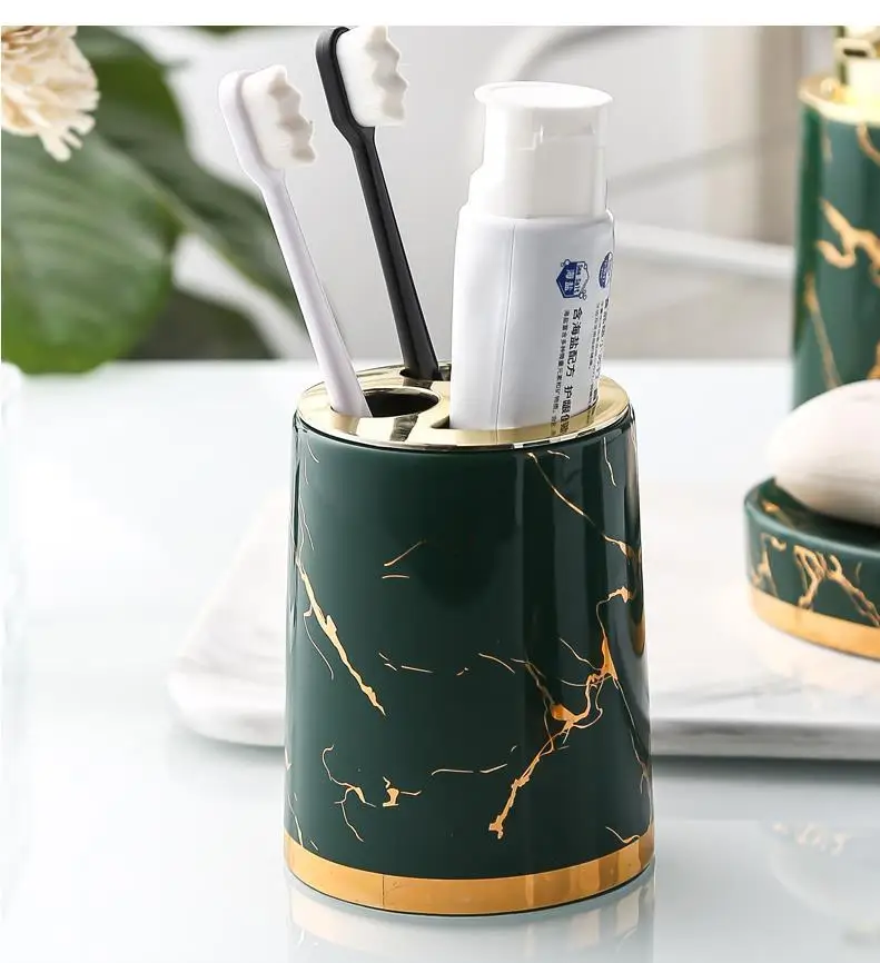 Golden Marble Bathroom Decoration Accessories Ceramic Toothbrush Holder Soap Dispenser Toothpaste Box