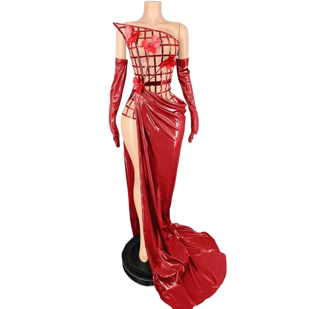 

Birthday Dress See Through Top Skirt Long Gloves Set Women Sexy Celebrate Evening Prom Photo Shoot Wear Stage Costume