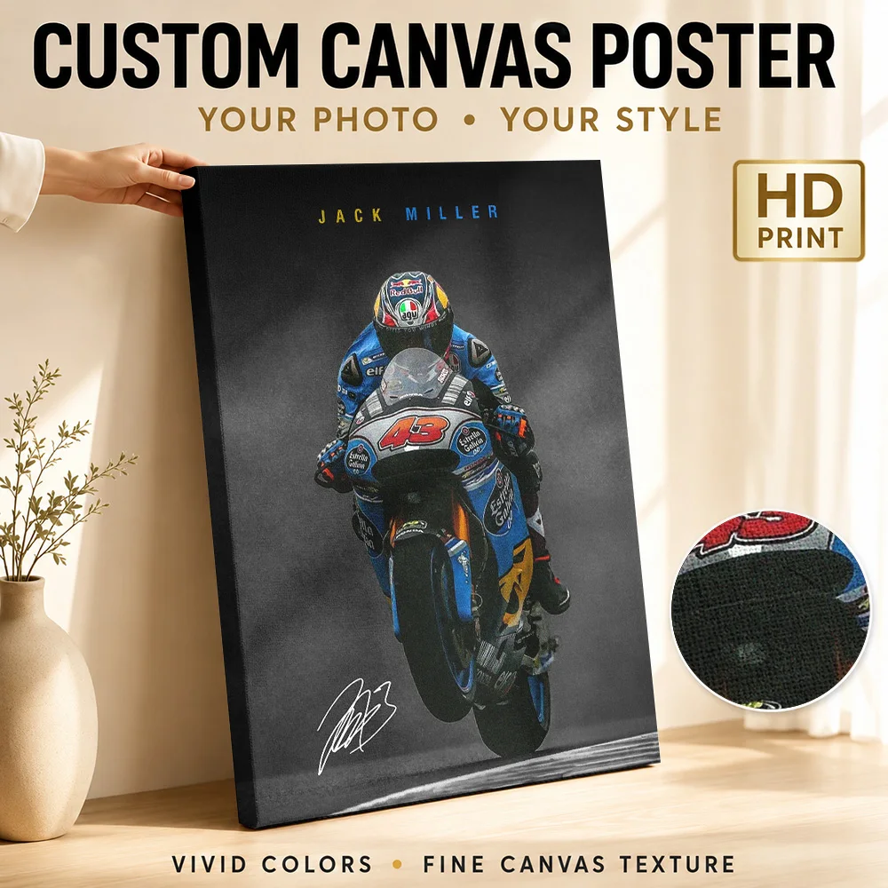 Jack Miller Motorcycle Racing Framed Canvas Poster Bold Action Design Wall Art With Customized Photo For Garage Ideal Rider Gift