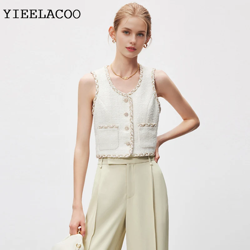 

Бежевая твидовая куртка без рукавов, цельный весенне-осенний женский жилет, женская маленькая ароматная ветровка