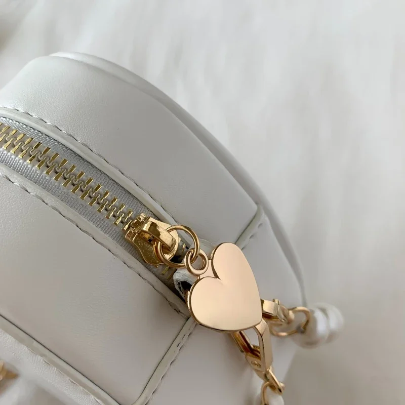 Hot Selling 2024 Summer New PU Zipper Heart-shaped Shoulder Bag Solid Color Bead Chain Fashionable and Versatile Shoulder Bag