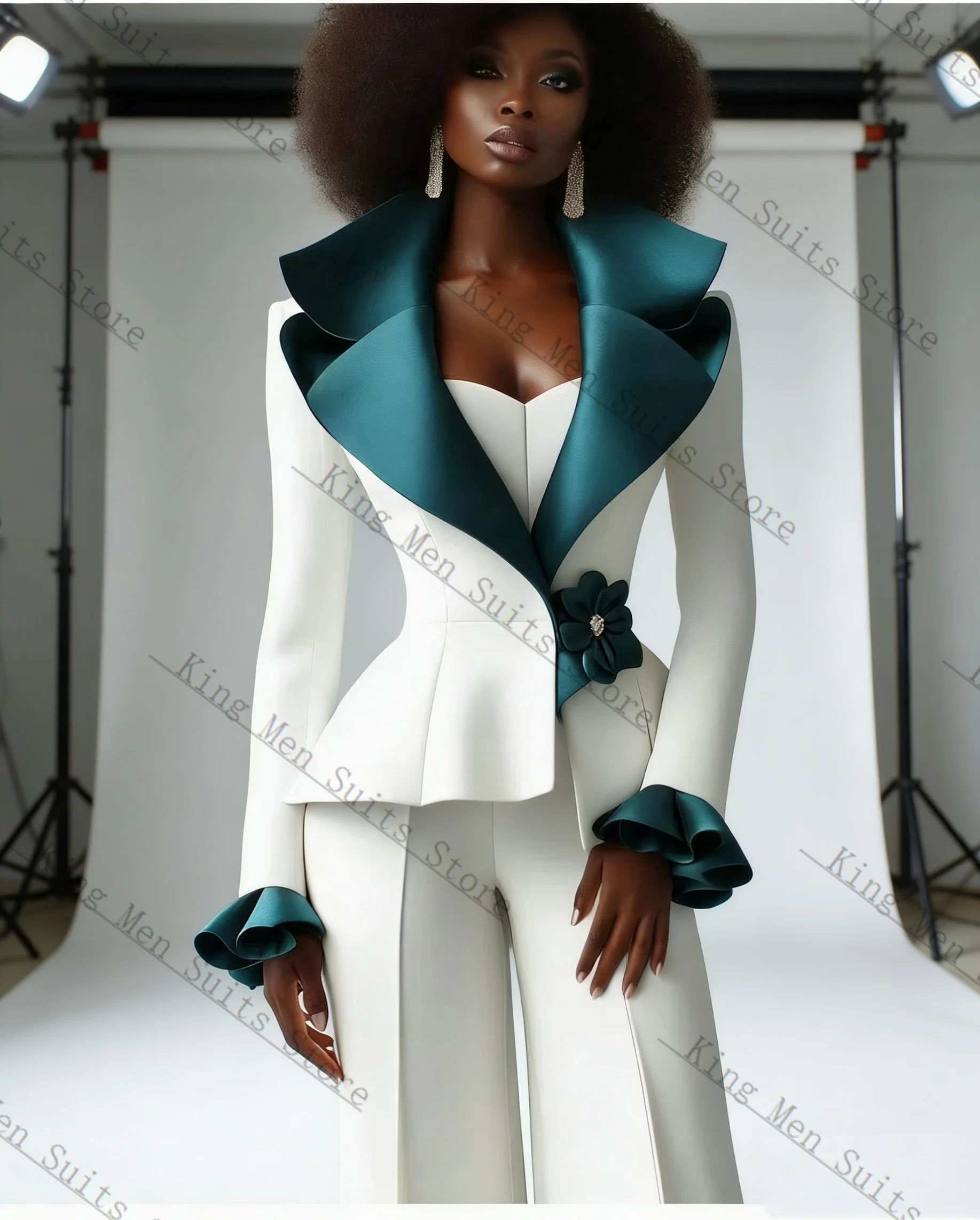 

Floral Blue White Women Suit Set 2 Pcs Blazer Pants Trousers Spring Customized Formal Office Wedding Tuxedos Coat Prom Jacket