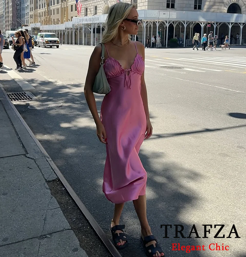 

TRAFZA Women Elegant Satin Suspender Dress Pink Backless Halter Dress New 2025 Fashion Summer Fashion Vacation Beach Date Dress