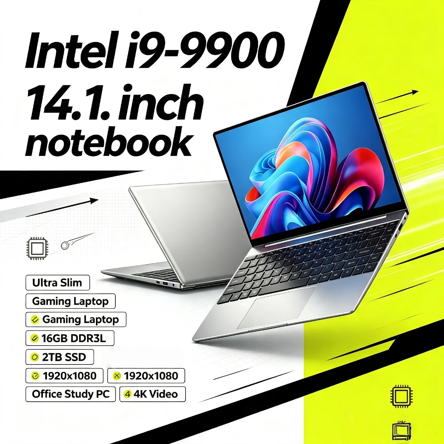 2026 NEW Pro Gaming Laptop Intel i9 9900 5GHz 14.1 Inch 32GB RAM 2TB SSD Ultra Slim Notebook 1920x1080 Office PC