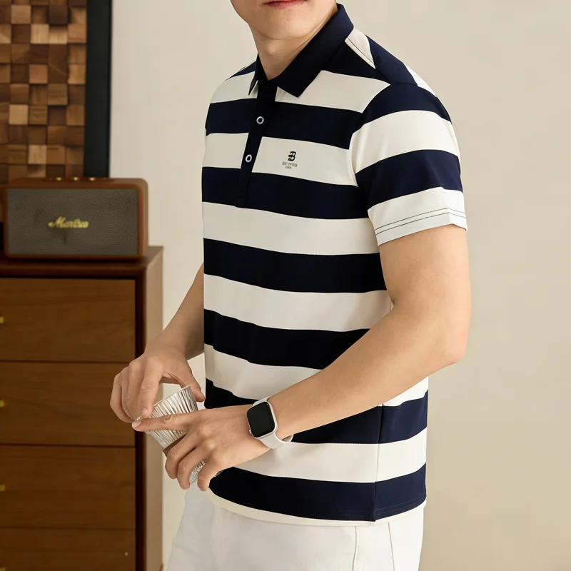 Men's Golf Polo Shirt with Collar, Short Sleeves and Wide Stripes – Breathable Summer Casual Business T-shirt