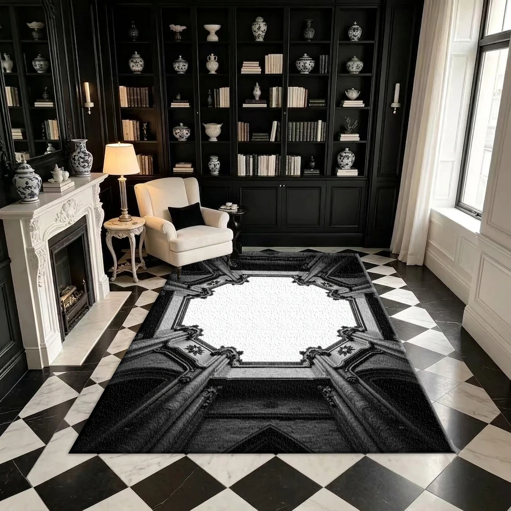 Black and White Gothic Arch Architecture Carpet Retro Gorgeous Architectural Art Print Square Carpet Suitable for Home Interior Decoration