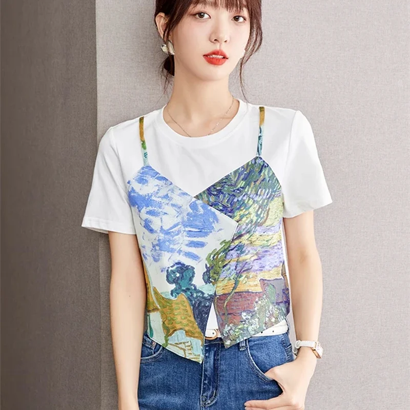 Aesthetic Oil Paint Patch T Shirts Fake Two Pieces Crop Top Elegant Women Summer Short Sleeve Tees All-match Korean Streetwear