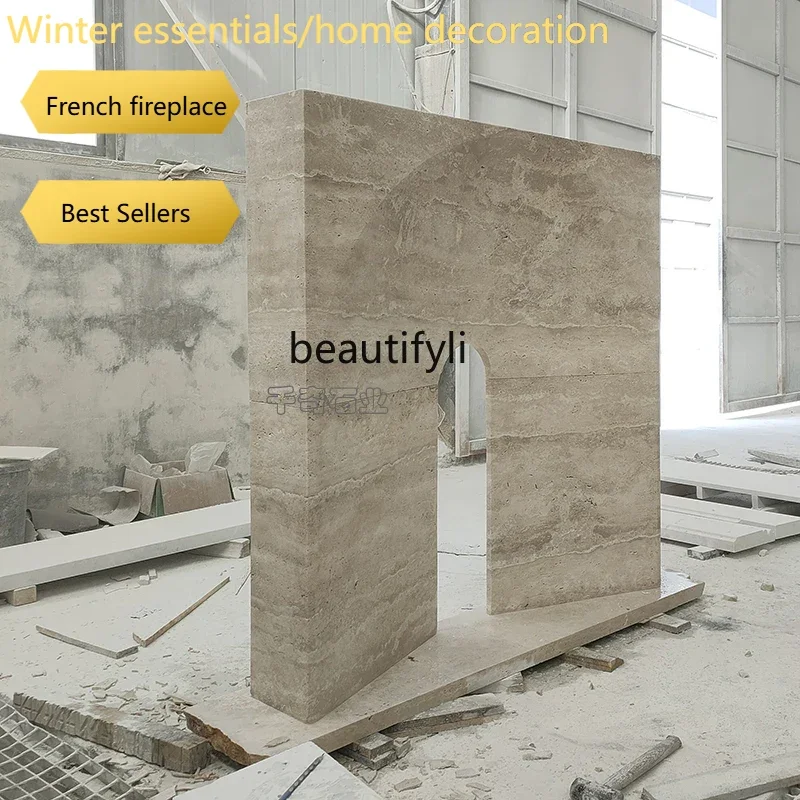 A95 Natural marble fireplace stone carving European travertine fireplace French retro simple decorative ornament
