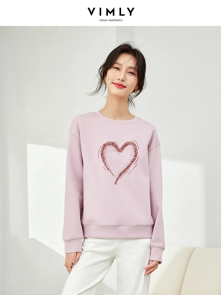 Vimly Heart Sequins Embroidery Pink Sweatshirt Long Sleeve Top for Women 2024 Spring New Casual Sports O-neck Pullovers M5883