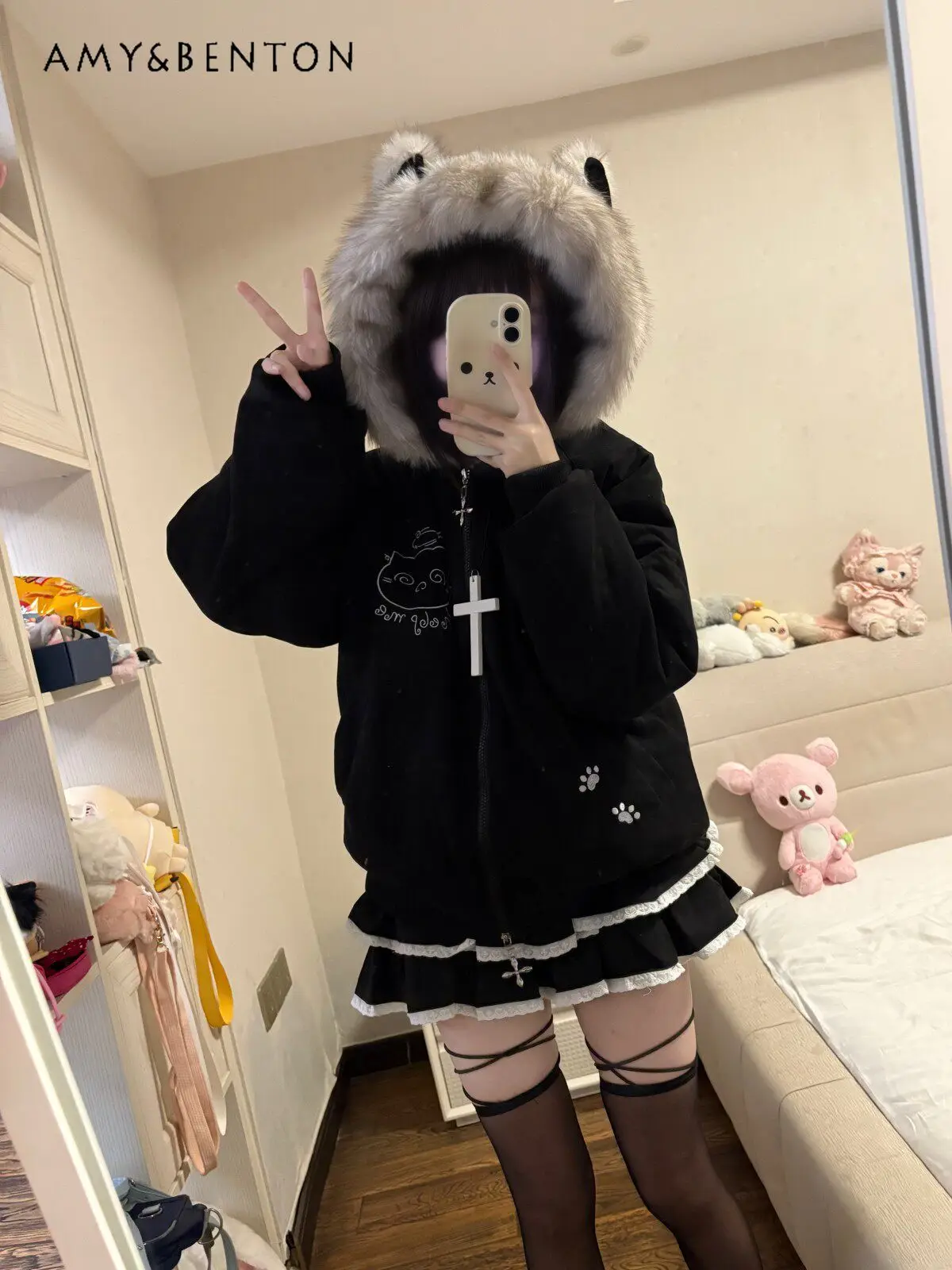 

Autumn Winter Japanese Subculture Cute Women's Cartoon Print Casual Thickened Black White Fur Collar Hooded Cotton Jacket