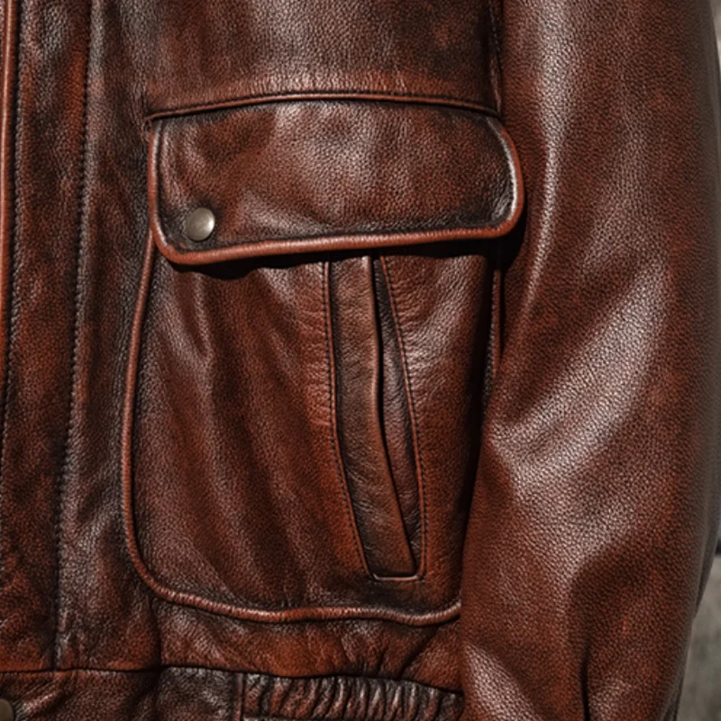 Red Brown Winter Pilot Leather Jacket Men Vintage Style Plus Size 5XL Genuine Natural Cowhide Flight Leathe Coat