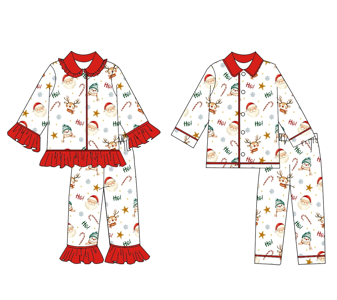 Christmas Lapel Long-Sleeved Long Pants Set Tree Candy Print Girls Boys And Children Boutique Holiday Outfit