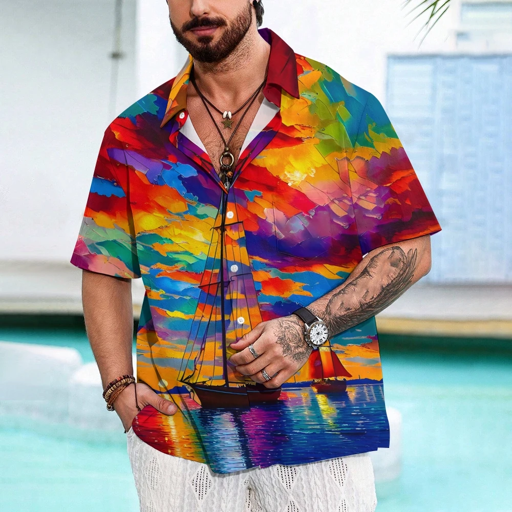 Trendy Lapel Button-Down Shirt Loose Chic Pattern Printed Top Men's Hawaiian Casual Short-Sleeved Summer Holiday Beach Shirt