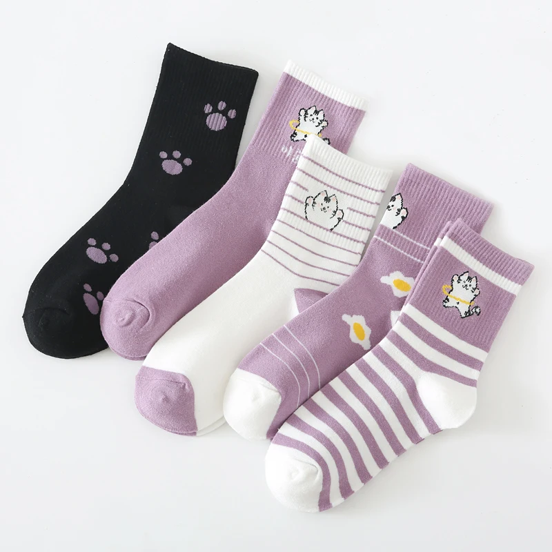 1 Pair Purple Cat Pattern Socks For Women Medium Tube Cotton Socks Fashion Trend Harajuku Sock Woman Dropshipping Wholesale